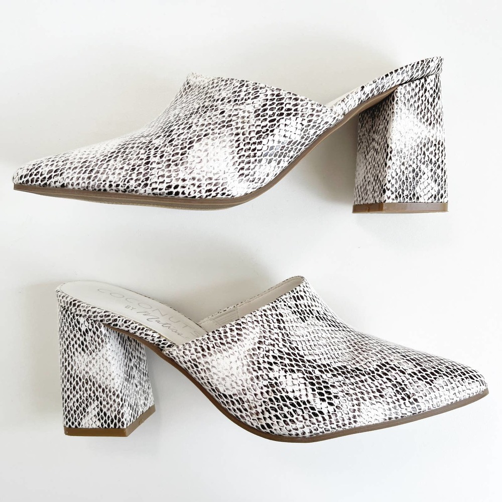 Coconuts by Matisse White Snake-Embossed Chunky High Noon Mules Size 7